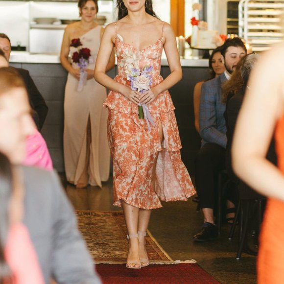 V. Chapman Coral Pink Floral Tiered High-Low Wedding Dress - Picture 3 of 9